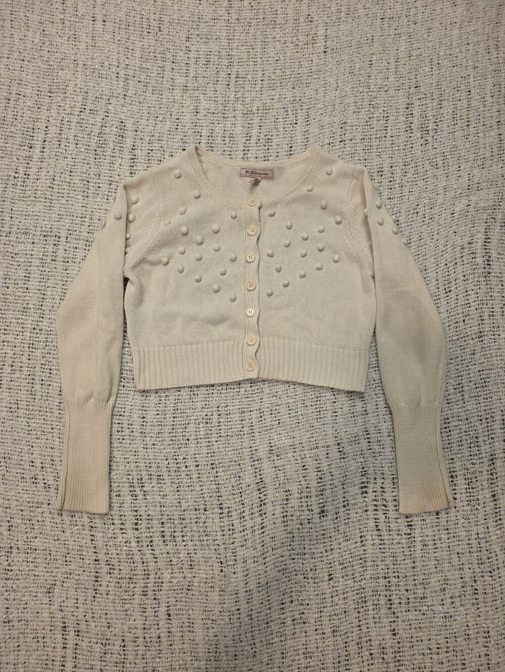 BCBGeneration Cream Bobble Button-Front Cropped Cardigan